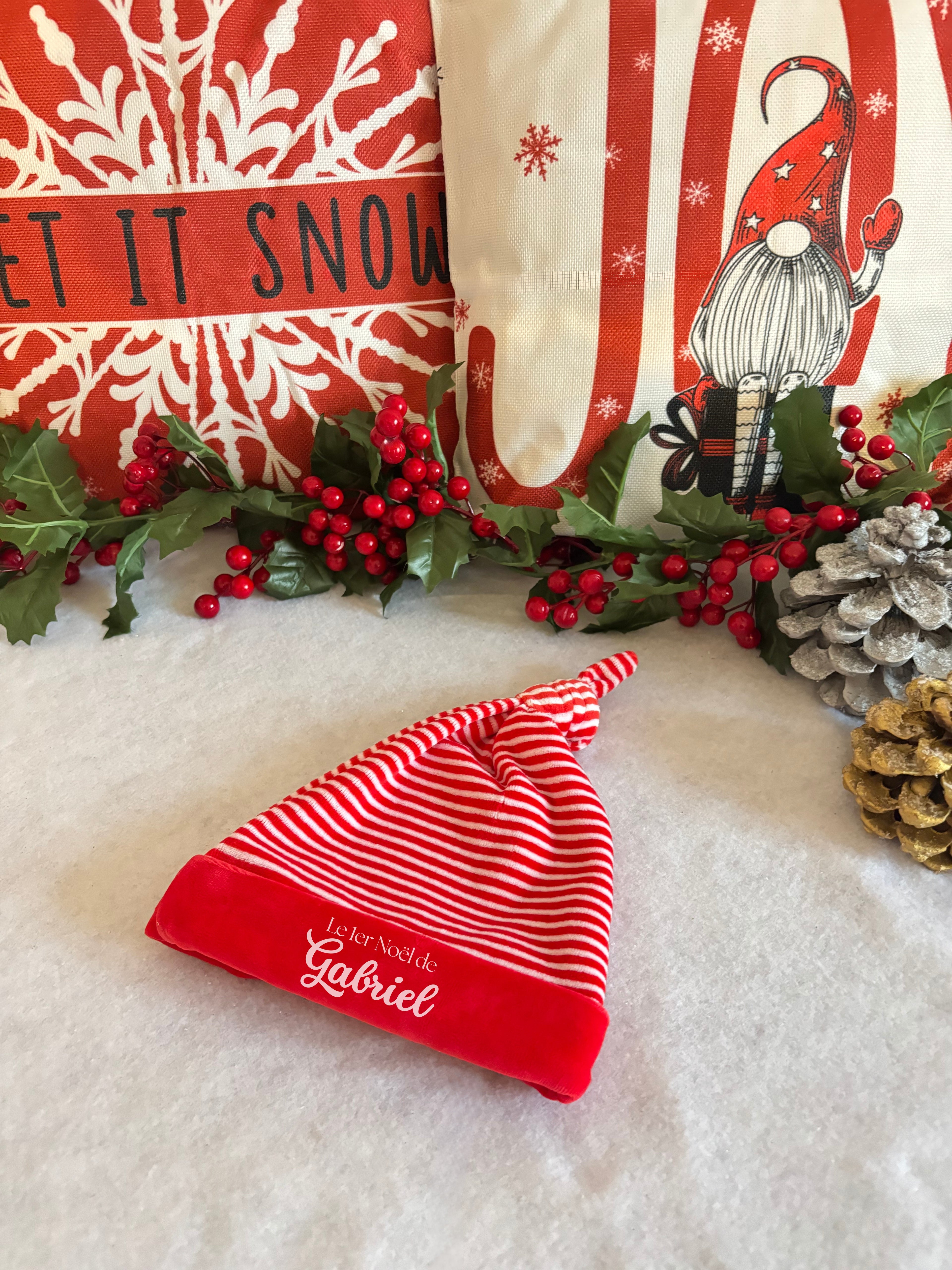 Bonnet Noël bébé personnalisé, rouge et blanc, lutin