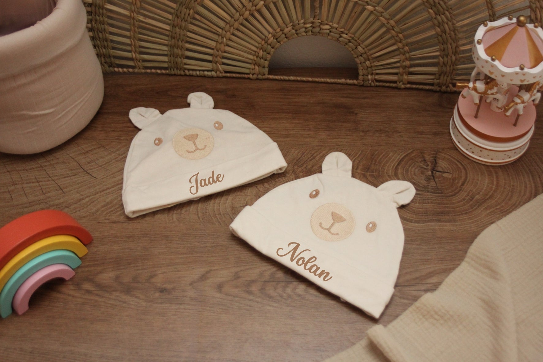Bonnet personnalisé, pour bébé, cadeau de naissance, blanc 